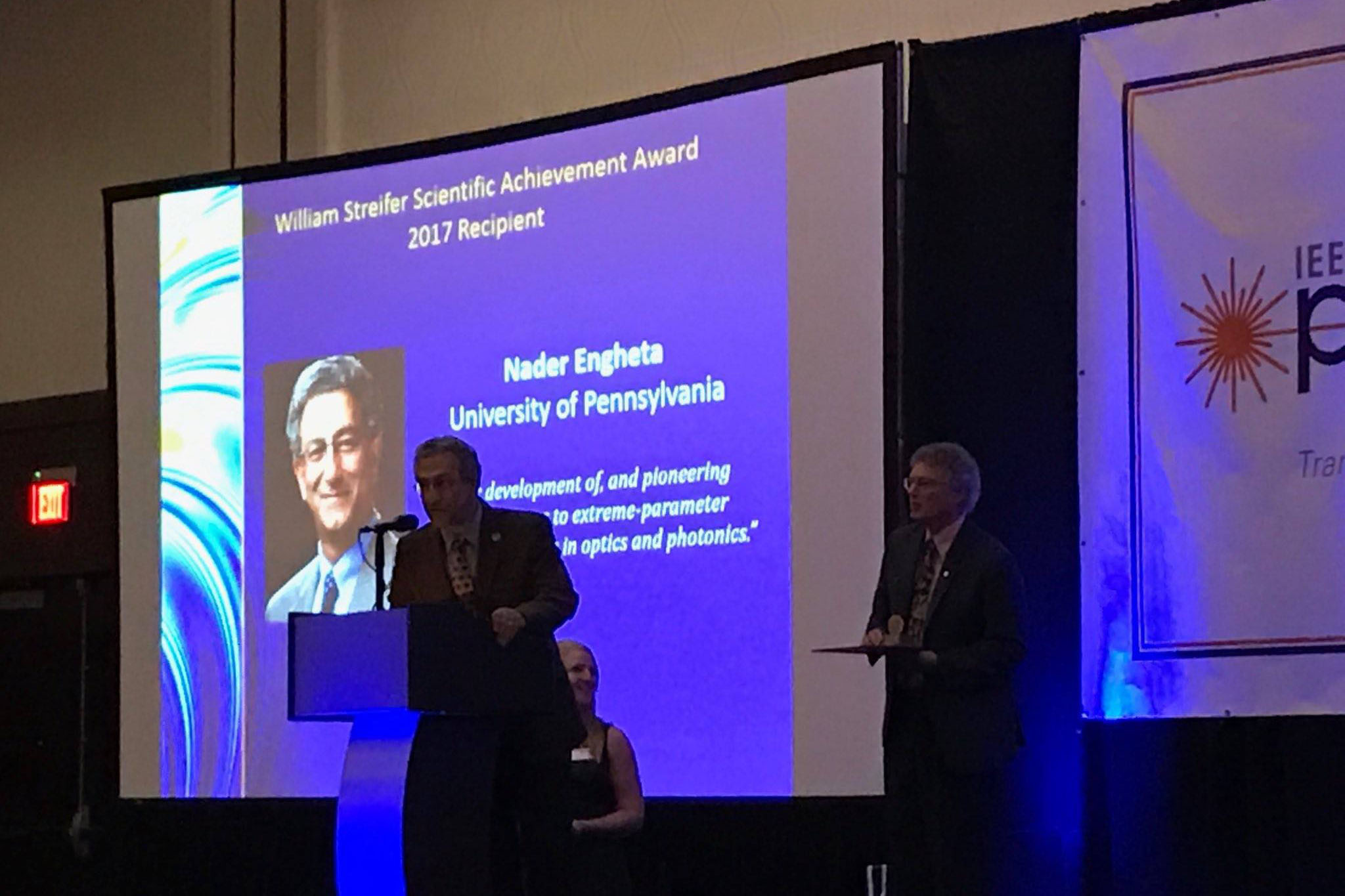 Nader Engheta receiving the 2017 William Streifer Scientific Achievement Award